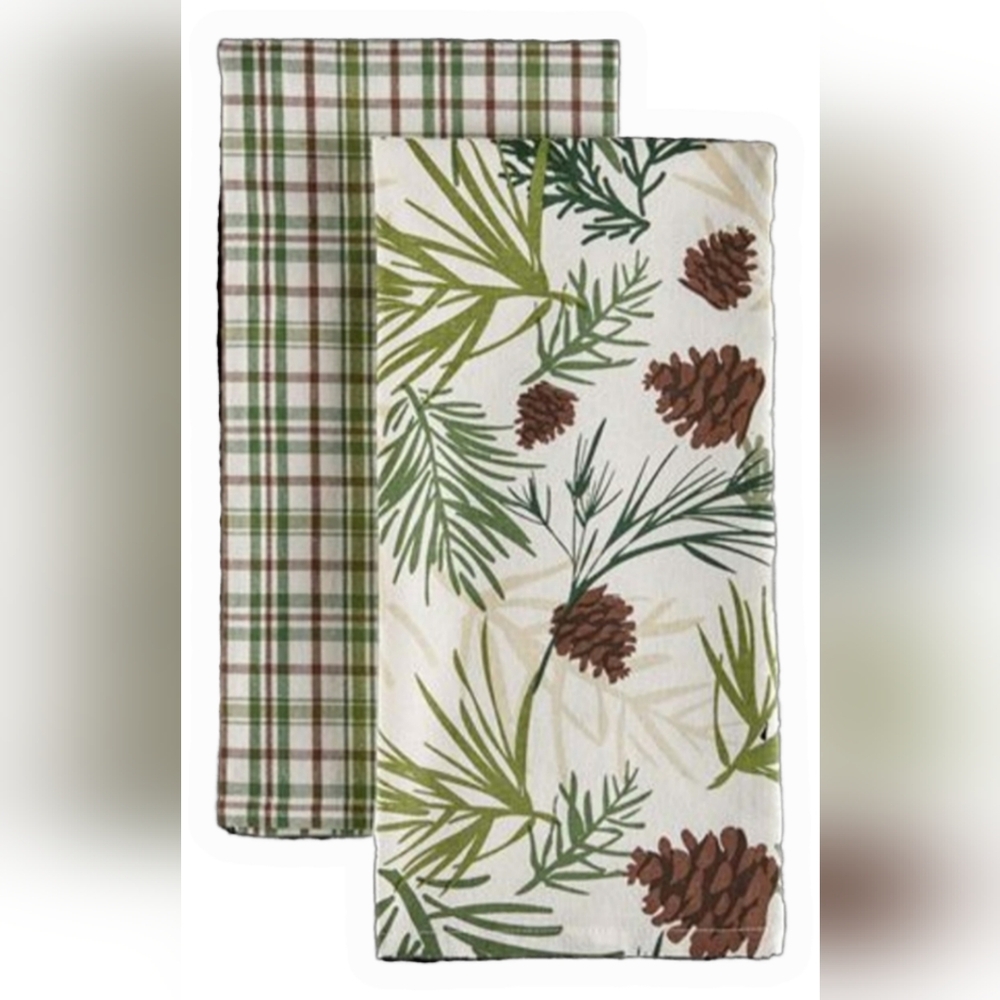 Rustic Christmas Holiday Boutique Pinecone & Sprig Cotton Tea Towels by Tableau